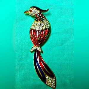 Vintage 1990's Red Green Enamel Pave Rhinestone Bird of Paradise Pin Brooch 4 In